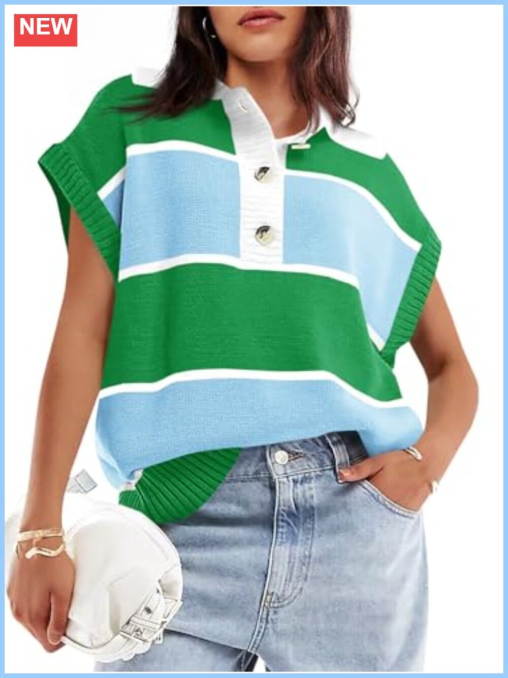 Women's V-Neck Button Down Striped Cap Sleeve Knit Sweater Lightweight Pullover